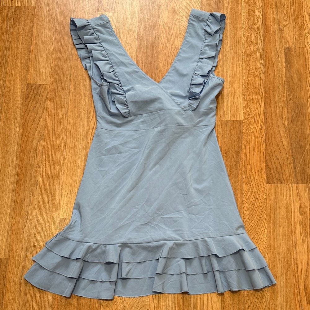 Blue Ruffled V-Neck Dress
